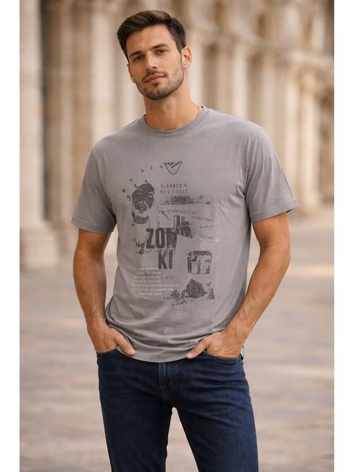 Parcel Yard Cotton Printed Round Neck Soft And Breathable Grey T-Shirt