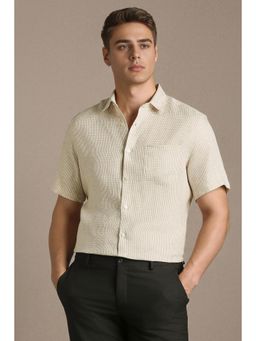 Louis Philippe - Men Beige Textured Half Sleeves Formal Shirt