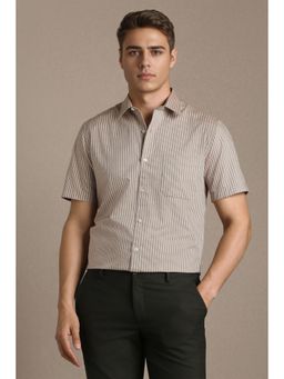 Louis Philippe - Men Beige Stripe Half Sleeves Formal Shirt
