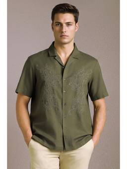 Louis Philippe - Men Olive Embroidered Half Sleeves Casual Shirt