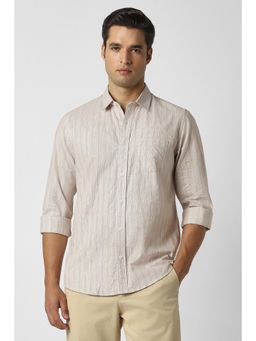 Peter England - Men Beige Slim Fit Stripe Casual Shirt