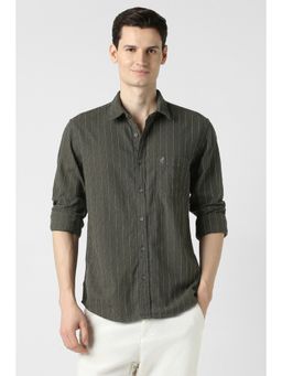 Peter England - Men Olive Slim Fit Stripe Full Sleeves Casual Shirt