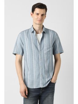 Peter England - Men Light Blue Slim Fit Stripe Casual Shirt