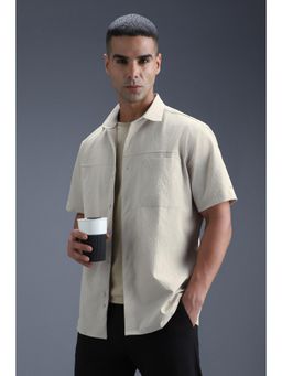Van Heusen - Men Beige Textured Half Sleeves Casual Shirt