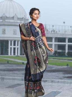 Beatitude - Navy Blue Silk Woven Saree with Unstitched Blouse