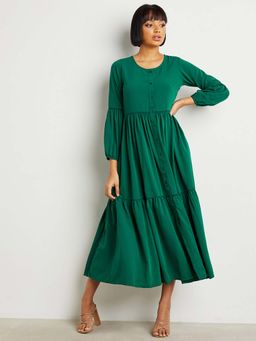 Styli - Green Cut-out Insert Long Sleeves Tiered Maxi Dress