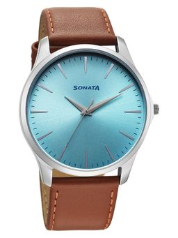 Sonata - Ease Quartz Light Blue Dial Brown Leather Watch - 77163SL05W (M)