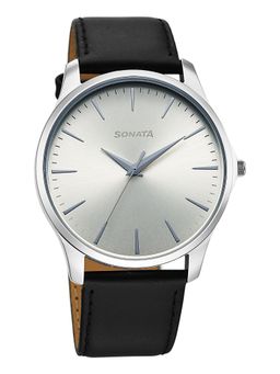 Sonata - Ease Quartz Gray Dial Black Leather Watch - 77163SL06W (M)