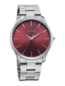 Sonata - Ease Quartz Red Dial Silver Metal Watch - 77163SM09W (M)