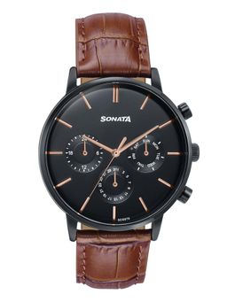 Sonata - Festive 2.0 Quartz Black & gold Dial Brown Leather Watch - 77191NL01 (M)