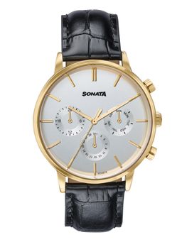 Sonata - Festive 2.0 Quartz White & gold Dial Black Leather Watch - 77191YL01 (M)