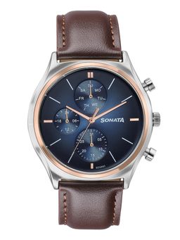 Sonata - Festive 2.0 Quartz Navy blue Dial Brown Leather Watch - 77192KL01 (M)