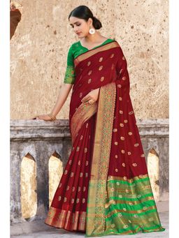 Sangam Prints - Maroon Cotton Woven Work Traditional Saree with Unstitched Blouse