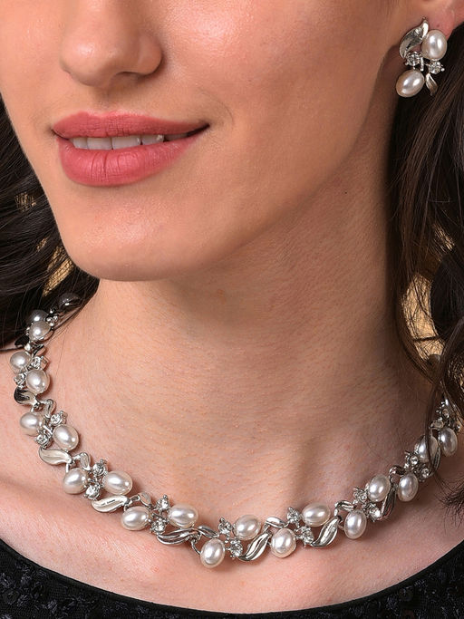 Sohi Silver Plated Pearls Necklace and Earring (Set of 2)