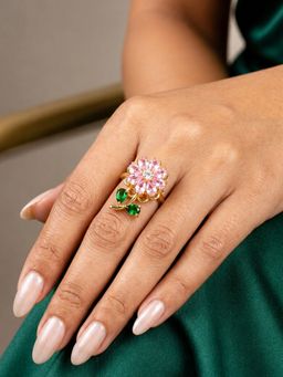 ARTKLIM - Pink Blossom Revolving Crystal Flower Adjustable Anti-Tarnish Copper Ring