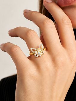 ARTKLIM - White Butterfly Blossom Revolving Flower Crystal Adjustable Anti-Tarnish Copper Ring