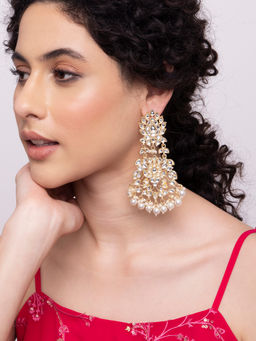 Indya - Gold Floral Kundan Pearl Dangler Earrings