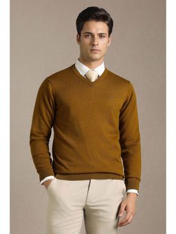 Louis Philippe - Men Mustard Textured V Neck Full Sleeves Sweater