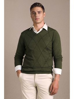 Louis Philippe - Men Olive Textured V Neck Full Sleeves Sweater