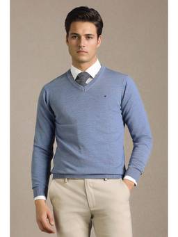 Louis Philippe - Men Light Blue Textured V Neck Full Sleeves Sweater