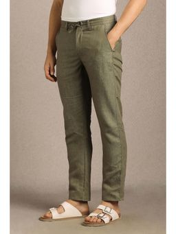 Louis Philippe - Men Olive Textured Flat Front Casual Trouser