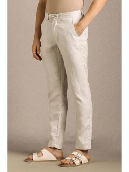 Louis Philippe - Men Off White Textured Flat Front Casual Trouser