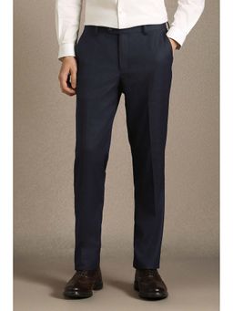 Louis Philippe - Men Navy Blue Textured Flat Front Formal Trouser