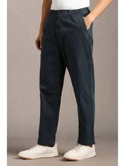Louis Philippe - Men Navy Blue Solid Flat Front Casual Trouser