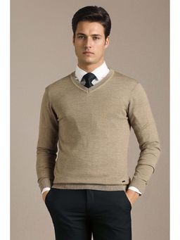 Louis Philippe - Men Beige Textured V Neck Full Sleeves Sweater