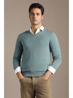 Louis Philippe - Men Light Blue Textured V Neck Full Sleeves Sweater