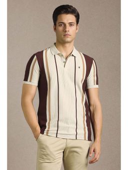 Louis Philippe - Men Beige Stripe Polo T-shirt