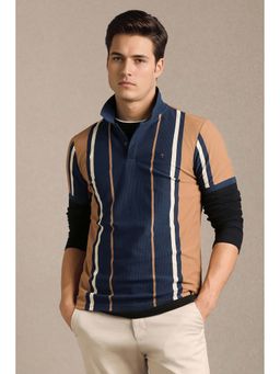 Louis Philippe - Men Navy Blue Stripe Polo T-shirt