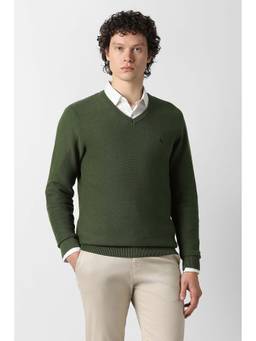 Van Heusen - Men Olive Textured V Neck Sweater