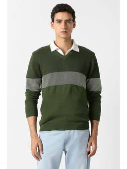 Van Heusen - Men Green Textured V Neck Sweater