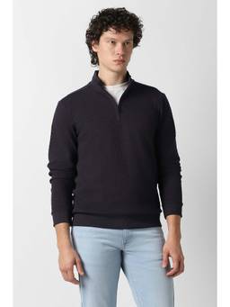 Van Heusen - Men Navy Blue Textured High Neck Sweatshirt