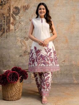 Autumnlane - Hardik White and Purple Floral Print Cotton Kurta with Pant (Set of 2)