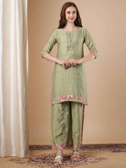 FASHOR - Green Floral Printed Straight Kurta with Palazzo (Set of 2)