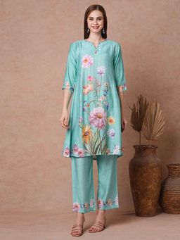 FASHOR - Sky Blue Floral Printed Straight Kurta with Pant (Set of 2)