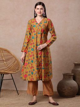 FASHOR - Mustard Floral Printed Angrakha Style Kurta with Pant (Set of 2)