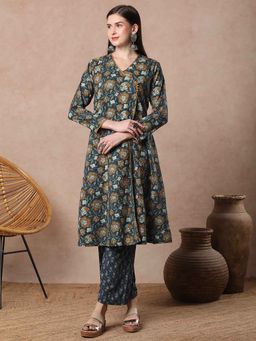 FASHOR - Navy Blue Floral Printed Angrakha Style Kurta with Pant (Set of 2)