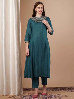 FASHOR - Teal Dot Printed Embroidered A-Line Kurta with Pant (Set of 2)