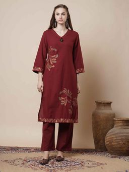 FASHOR - Maroon Thread Embroidered Straight Kurta with Pant (Set of 2)