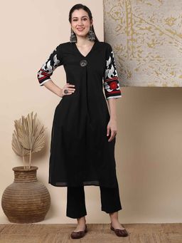 FASHOR - Black Solid Embroidered A-Line Kurta with Pant (Set of 2)