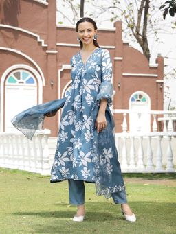 Stylum - Blue Floral Printed Rayon A-Line Kurta with Pant and Dupatta (Set of 3)