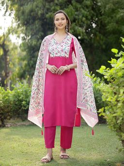 Stylum - Pink Floral Printed Cotton Straight Kurta with Pant and Dupatta (Set of 3)