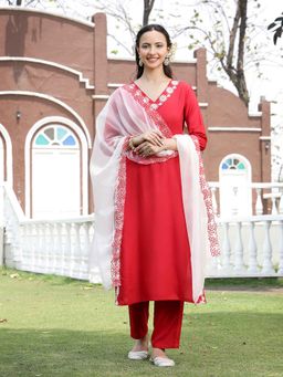 Stylum - Red Solid Embroidered Straight Kurta with Pant and Dupatta (Set of 3)