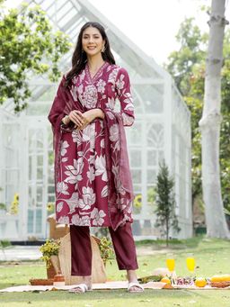 Stylum - Wine Floral Printed Rayon A-Line Kurta with Pant and Dupatta (Set of 3)