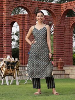 Stylum - Navy Blue Floral Printed Cotton Straight Kurta with Pant (Set of 2)