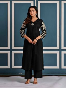 Autumnlane - Mika Raven Black Embroidery Cotton Kurta with Pant (Set of 2)