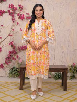 Autumnlane - Rajhans Yellow Floral Print Cotton Kurta with Pant (Set of 2)